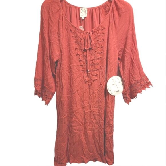 NWT Naif Coral Orange 3/4 Sleeve Knee Length Shift Dress - Picture 3 of 4